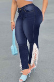 Темно-синие повседневные уличные однотонные асимметричные джинсы с кисточками в стиле пэчворк больших размеров