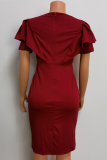 Красные модные однотонные платья-юбки-карандаши с воланами и V-образным вырезом