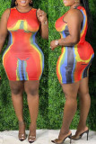 Mehrfarbiges, modisches, lässiges Plus-Size-Druck-grundlegendes ärmelloses Kleid mit O-Ausschnitt