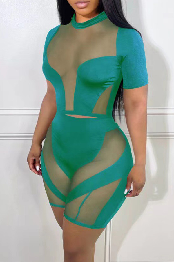 Зеленый модный сексуальный однотонный пэчворк, прозрачный, с круглым вырезом, с коротким рукавом, из двух частей