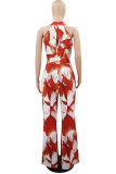 Red Casual Print Bandage Patchwork O Neck Straight Jumpsuits