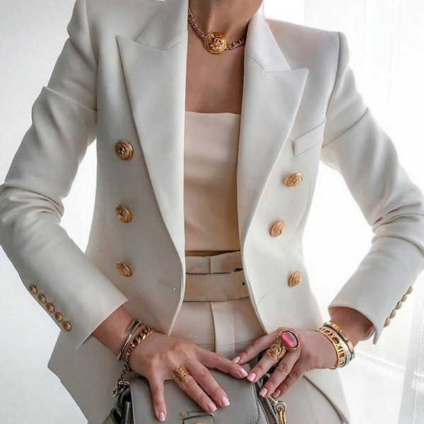 Prendas de abrigo con cuello vuelto y botones de patchwork sólidos casuales blancos