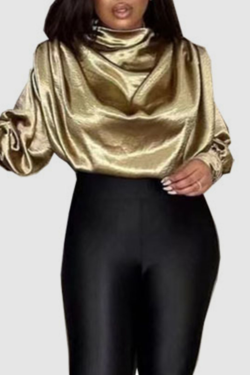 

Gold Casual Elegant Solid Split Joint Fold Turtleneck Tops