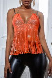 Флуоресцентные оранжевые модные сексуальные топы в стиле пэчворк с кисточками и открытой спиной