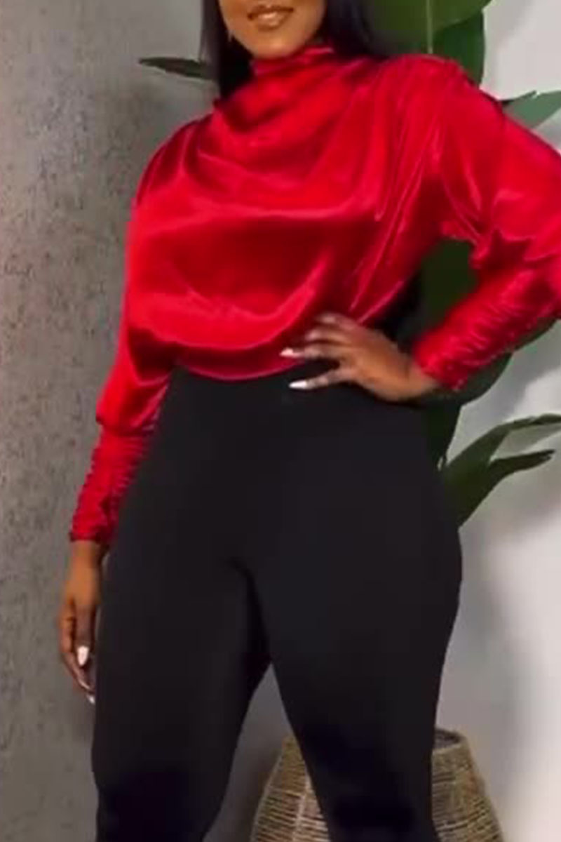 Red Casual Elegant Solid Split Joint Fold Turtleneck Tops