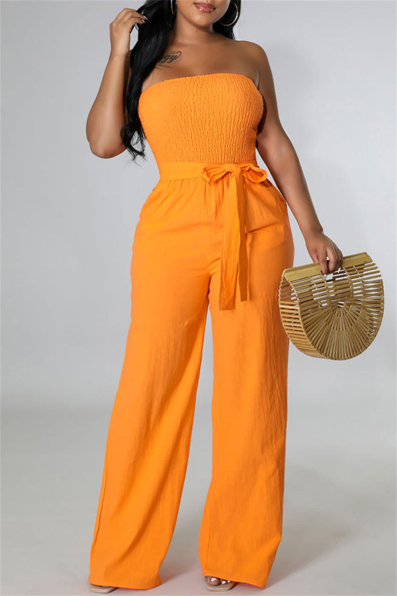 

Orange Fashion Casual Solid Backless Strapless Regular Jumpsuits