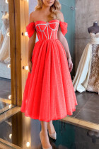 Red Sexy Elegant Solid Patchwork Strapless Evening Dress Dresses