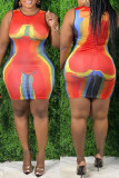 Multi-color Fashion Casual Plus Size Print Basic O Neck Sleeveless Dress