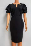 Black Fashion Solid Flounce V Neck Pencil Skirt Dresses