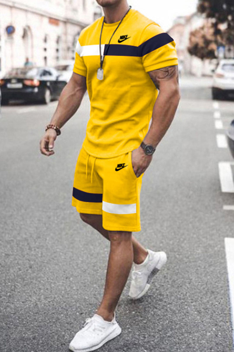 

Yellow Fashion Casual Print Patchwork O Neck Short Sleeve Two Pieces