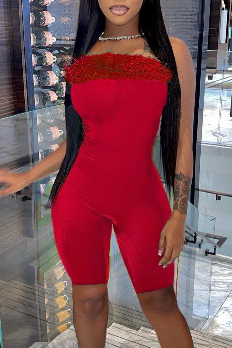 

Red Sexy Solid Split Joint Feathers Strapless Regular Jumpsuits