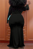 Zwarte Mode Casual Solid Patchwork Kralen V-hals Lange mouw Grote maten jurken