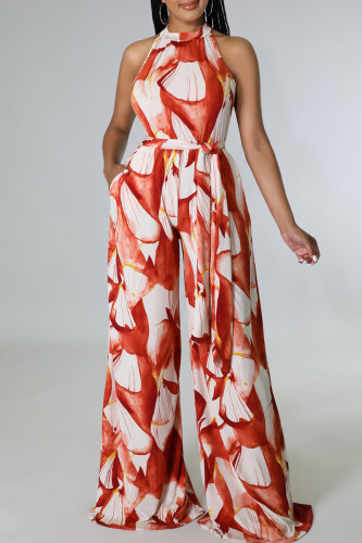 Red Casual Print Bandage Patchwork O Neck Straight Jumpsuits