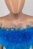 Синий сексуальный однотонный комбинезон без бретелек с перьями в стиле пэчворк