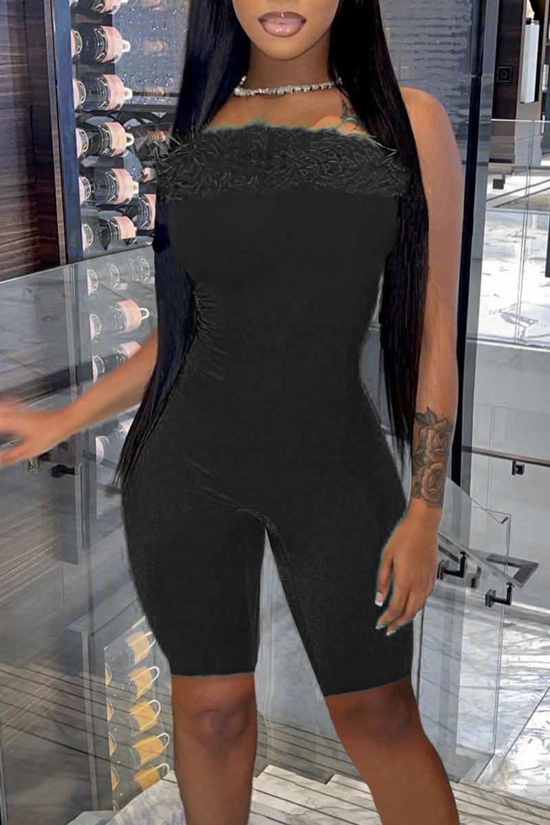 

Black Sexy Solid Split Joint Feathers Strapless Regular Jumpsuits