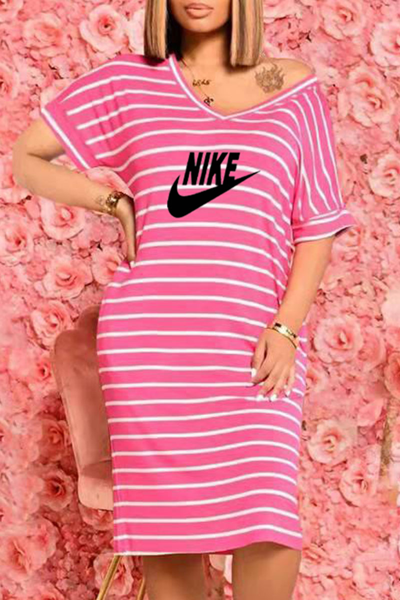 

Rose Red Fashion Casual Striped Letter V Neck Straight Dresses