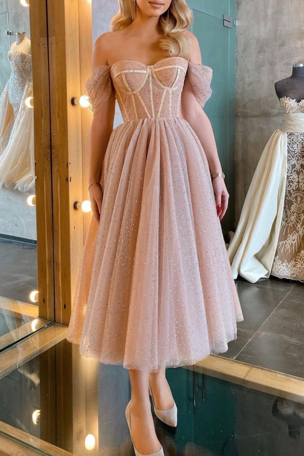 Abricot Sexy élégant solide Patchwork robes de soirée sans bretelles