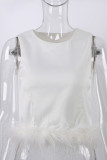 White Casual Fashion Solid Patchwork Feathers O Neck Tops
