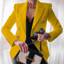 Yellow Casual Solid Patchwork Buttons Turn-back Collar Outerwear