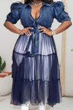 ブルー ファッション カジュアル ソリッド 包帯 パッチワーク バックル O ネック ストレート プラス サイズ ドレス