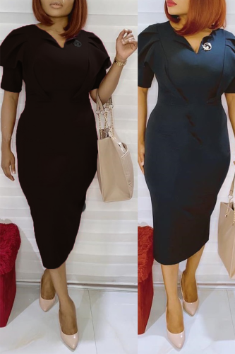 Black Fashion Solid Flounce V Neck Pencil Skirt Dresses