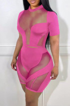 Розово-красный модный сексуальный однотонный лоскутный прозрачный круглый вырез с коротким рукавом из двух частей