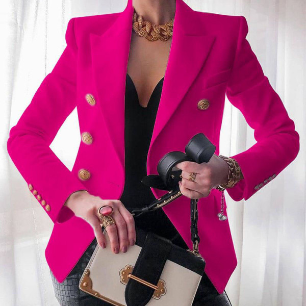 Vêtement d'extérieur à col rabattu avec boutons en patchwork uni décontracté rose rouge