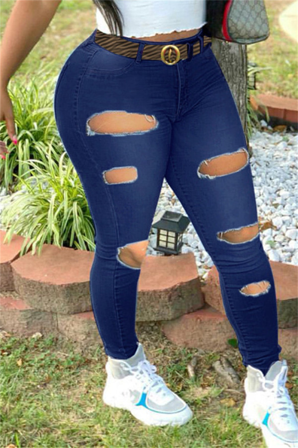 Jeans Azul Profundo Moda Casual Sólido Rasgado Plus Size (Sem Cinto)