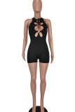 Black Sexy Solid Hollowed Out Patchwork Backless O Neck Regular Rompers