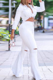 White Fashion Casual Solid Ripped High Waist Regular Denim Jeans