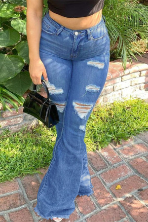 Blue Fashion Casual Solid High Waist Regular Flare Leg Ripped Denim Jeans