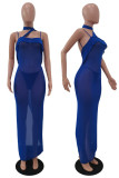 Синие сексуальные однотонные лоскутные прозрачные платья с открытой спиной и асимметричным воротником, юбка в один шаг
