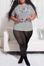 Black Fashion Casual Letter Print See-through O Neck Plus Size Two Pieces