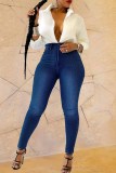 Jeans skinny a vita alta strappati casual alla moda blu scuro