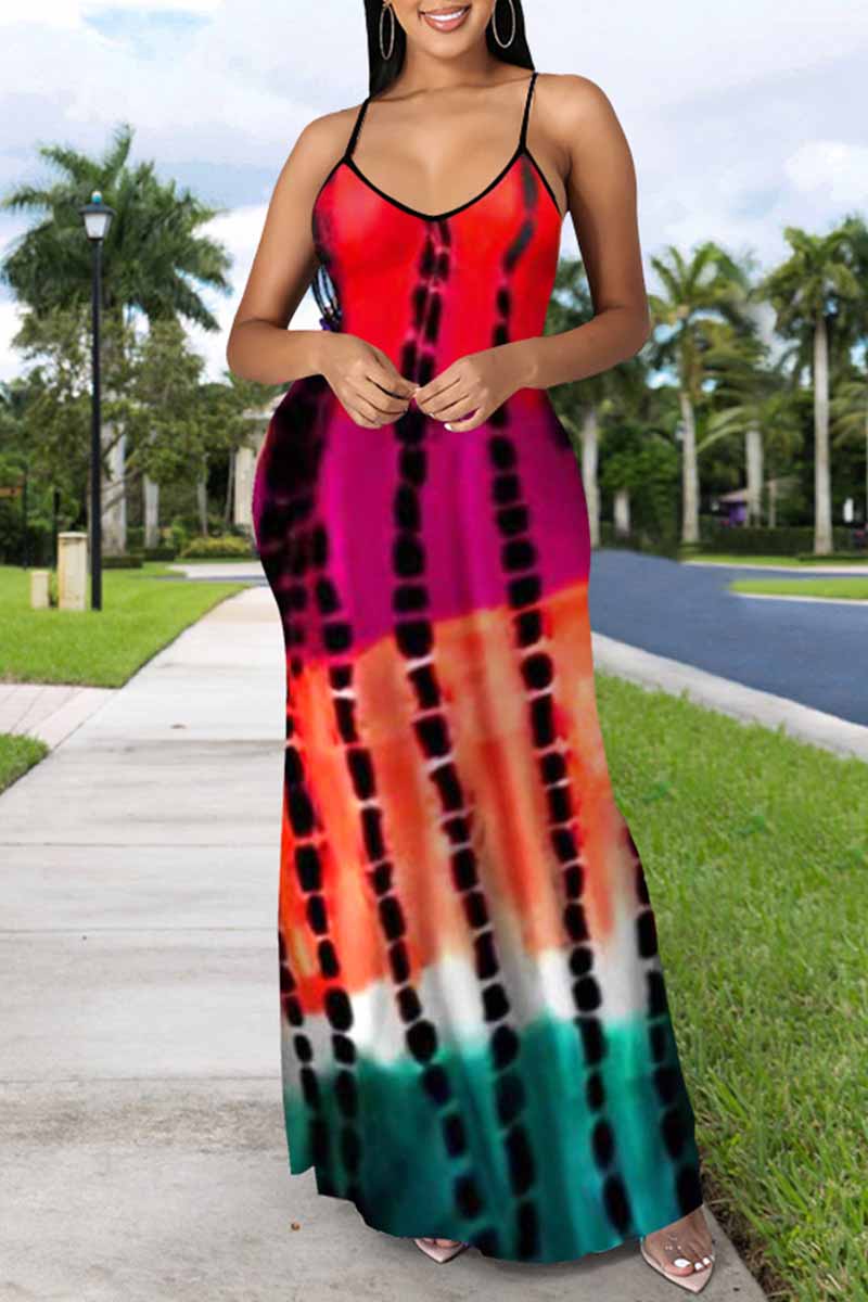 

Red Orange Sexy Casual Print Tie Dye Backless Spaghetti Strap Long Dress