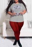 Rose Red Fashion Casual Letter Print See-through O Neck Plus Size Two Pieces