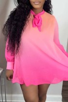ピンク ファッション カジュアル グラデーション プリント ベーシック Oネック 長袖 ドレス