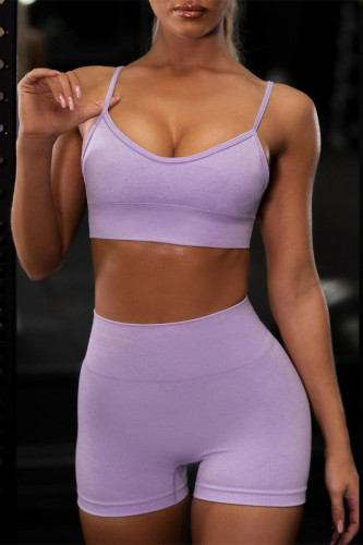 Фиолетовый Повседневная спортивная одежда, однотонный жилет с открытой спиной, шорты, комплект из двух предметов