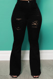 Black Fashion Casual Solid Ripped High Waist Regular Denim Jeans