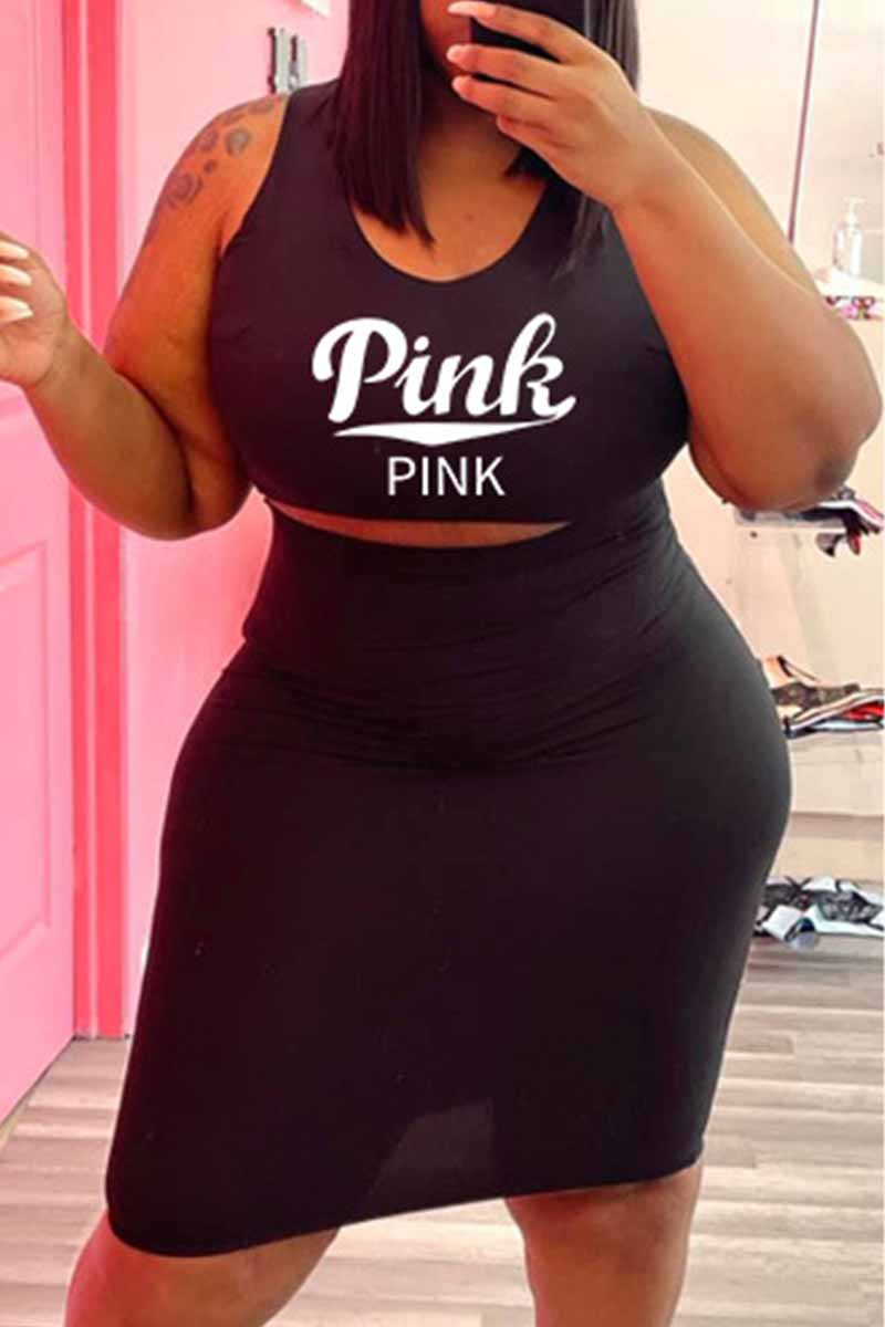 

Black Sexy Casual Letter Print Vests O Neck Plus Size Two Pieces