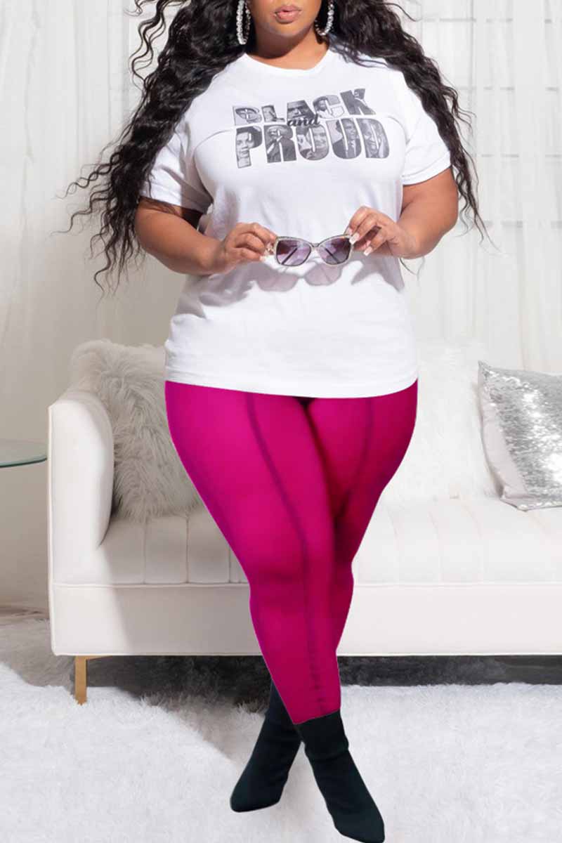 

Rose Red Fashion Casual Letter Print See-through O Neck Plus Size Two Pieces