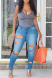 Deep Blue Fashion Casual Solid Ripped Jeans Grande Taille (Sans Ceinture)