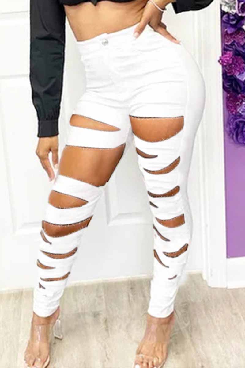 

White Fashion Casual Solid Ripped High Waist Skinny Denim Jeans
