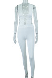 White Sexy Solid Hollowed Out Patchwork Asymmetrical Collar Regular Jumpsuits