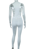 Witte sexy effen uitgeholde patchwork asymmetrische kraag reguliere jumpsuits