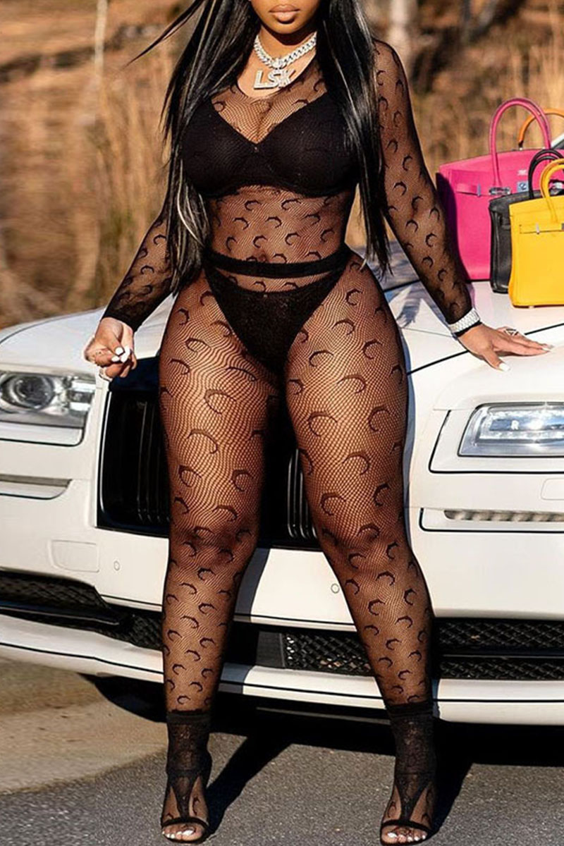 

Black Fashion Sexy Solid See-through O Neck Long Sleeve Two Pieces