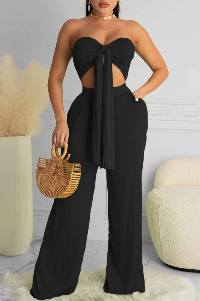 

Black Sexy Casual Solid Bandage Backless Strapless Sleeveless Two Pieces