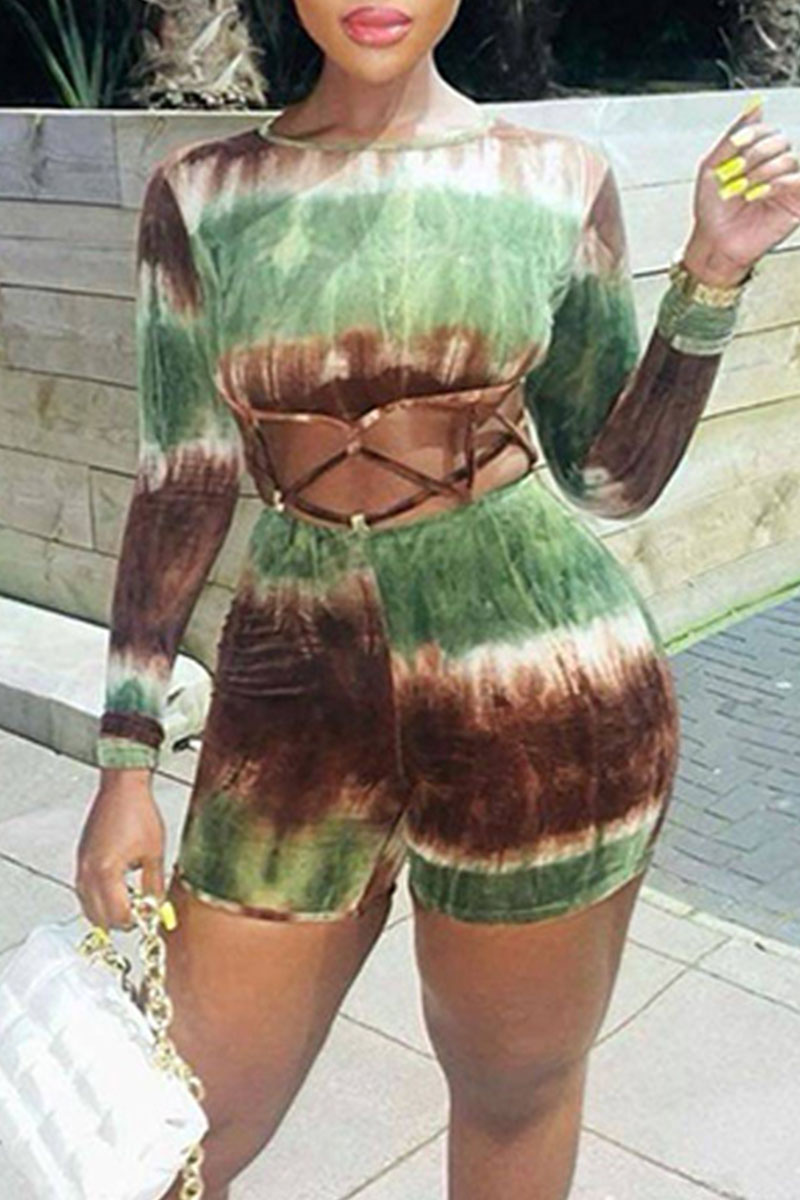 

Green Sexy Print Hollowed Out Split Joint O Neck Regular Jumpsuits