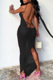 Black Sexy Solid Patchwork See-through Backless Asymmetrical Collar One Step Skirt Dresses