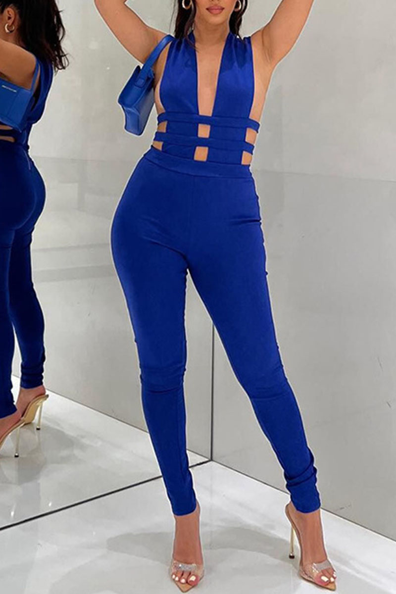 

Blue Sexy Solid Hollowed Out Split Joint Asymmetrical Collar Regular Jumpsuits